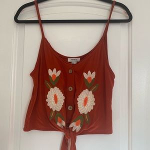 Embroidered tie front tank